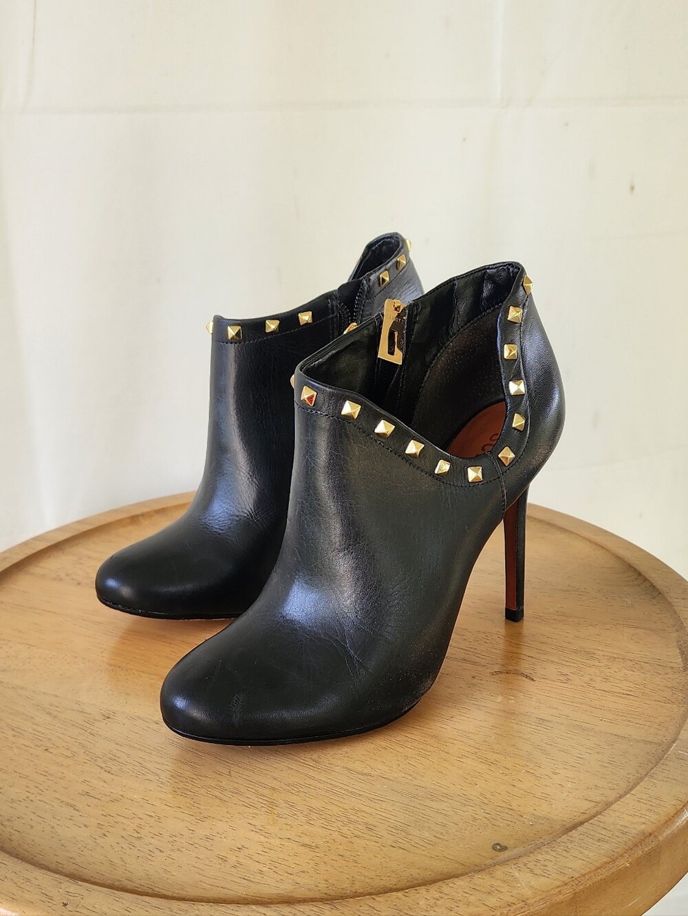 SCHUTZ Black Leather Studded High-Heel Ankle Booties